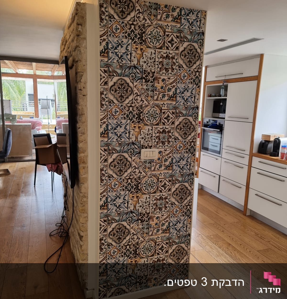 קיר עם טפט דוגמאות גיאומטריות צבעוניות